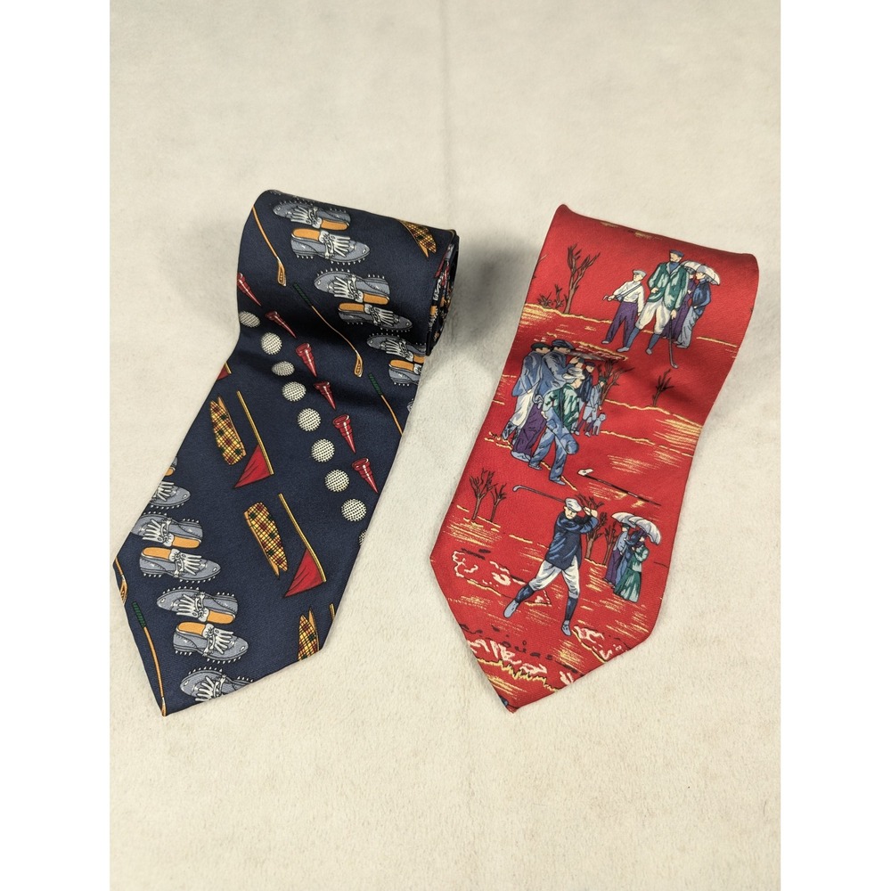 Set of 2 Vintage Golf Themed Silk Men's Neck‎ Ties